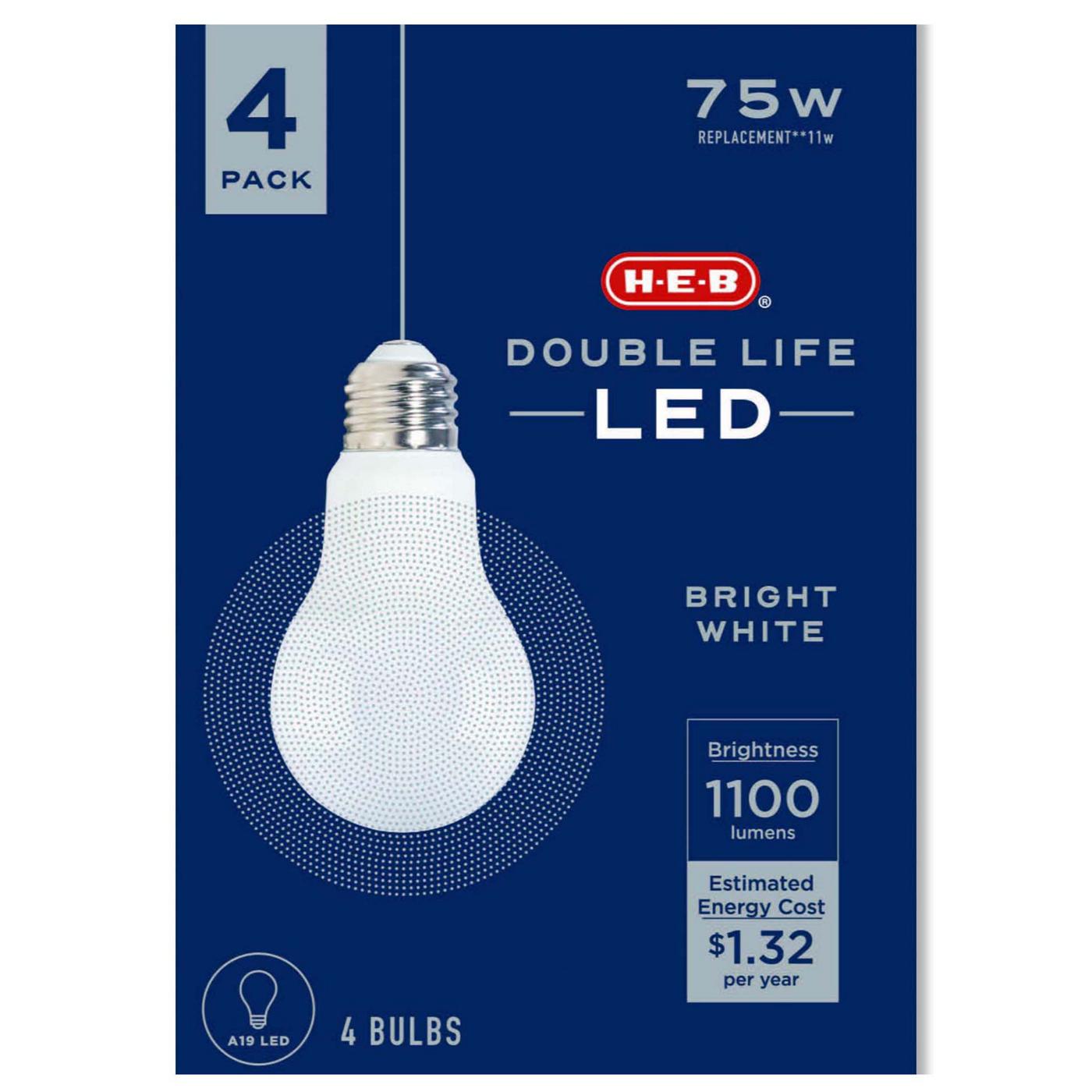 H-E-B Double Life A19 75-Watt LED Light Bulbs - Bright White; image 1 of 2