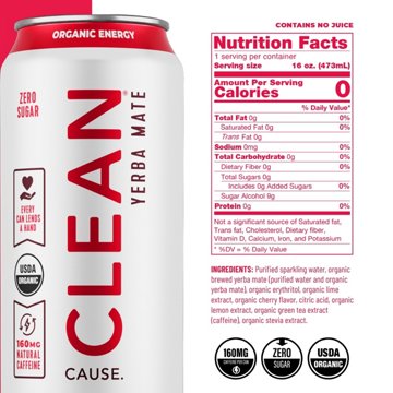 CLEAN Cause Zero Calorie Cherry Lime Organic Sparkling Yerba Mate, 16 oz