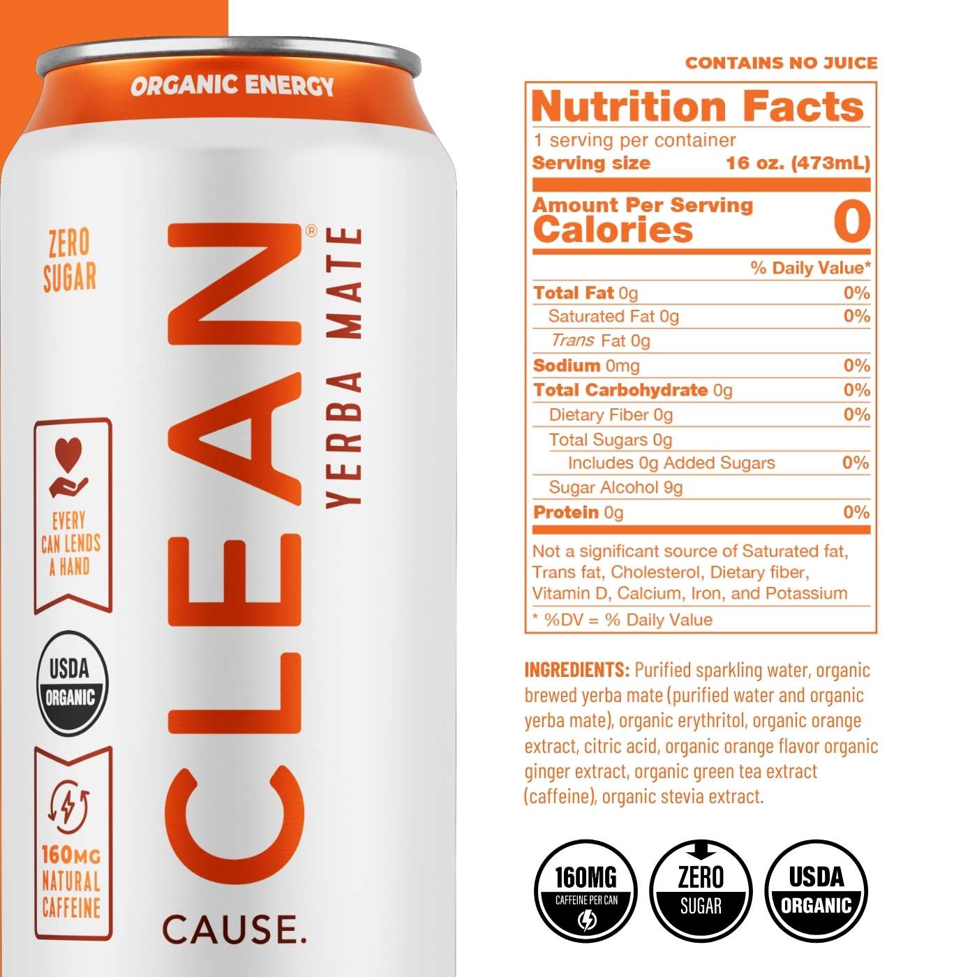 CLEAN Cause Zero Calorie Orange Ginger Organic Sparkling Yerba Mate; image 2 of 3
