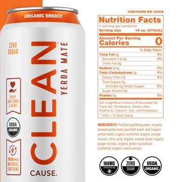 CLEAN Cause Zero Calorie Orange Ginger Organic Sparkling Yerba Mate, 16 oz