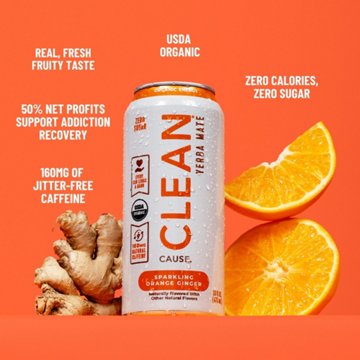 CLEAN Cause Zero Calorie Orange Ginger Organic Sparkling Yerba Mate, 16 oz