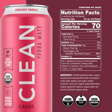CLEAN Cause Watermelon Mint Organic Sparkling Yerba Mate, 16 oz