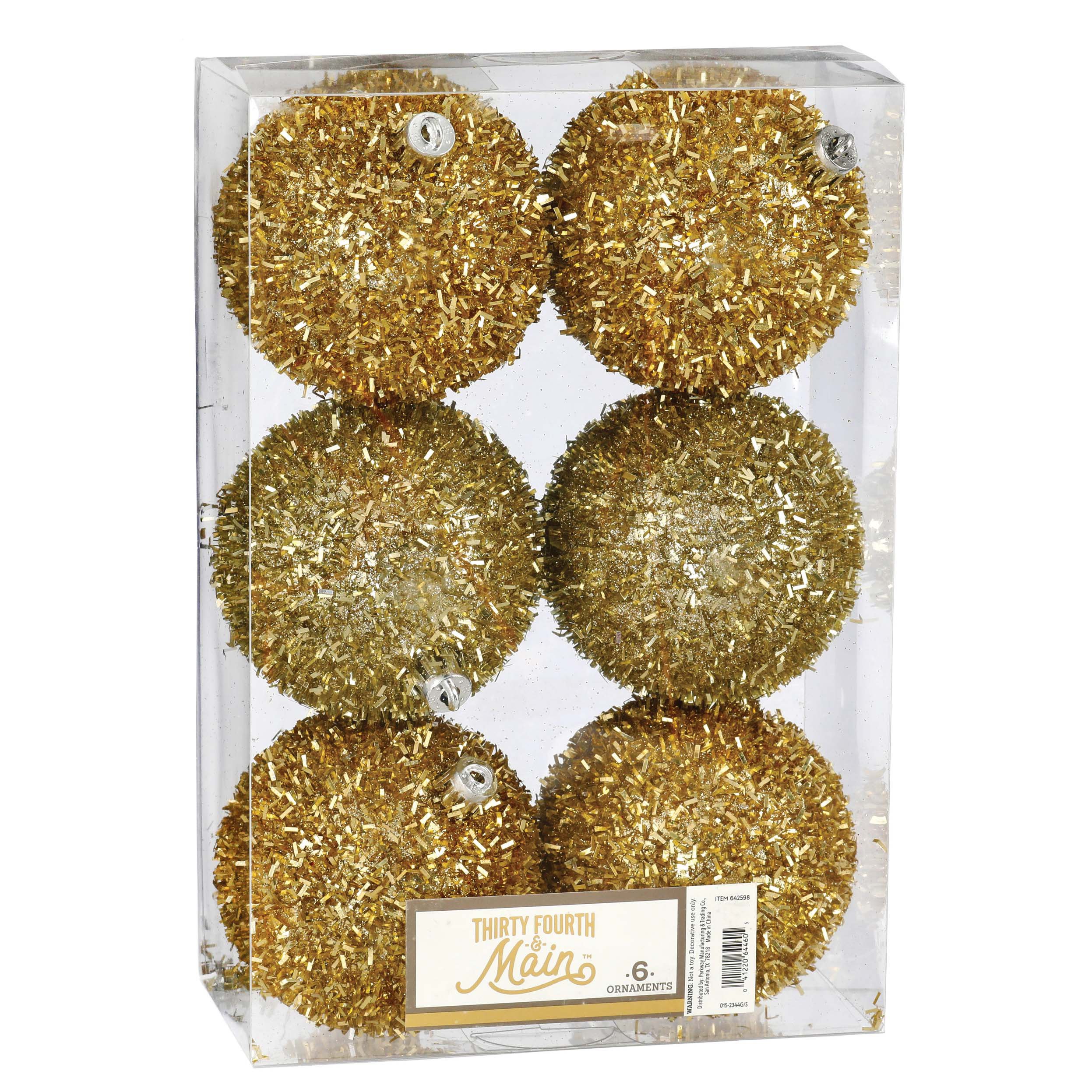 Thirty Fourth & Main Gold Tinsel Ball Christmas Tree Ornaments, 70mm