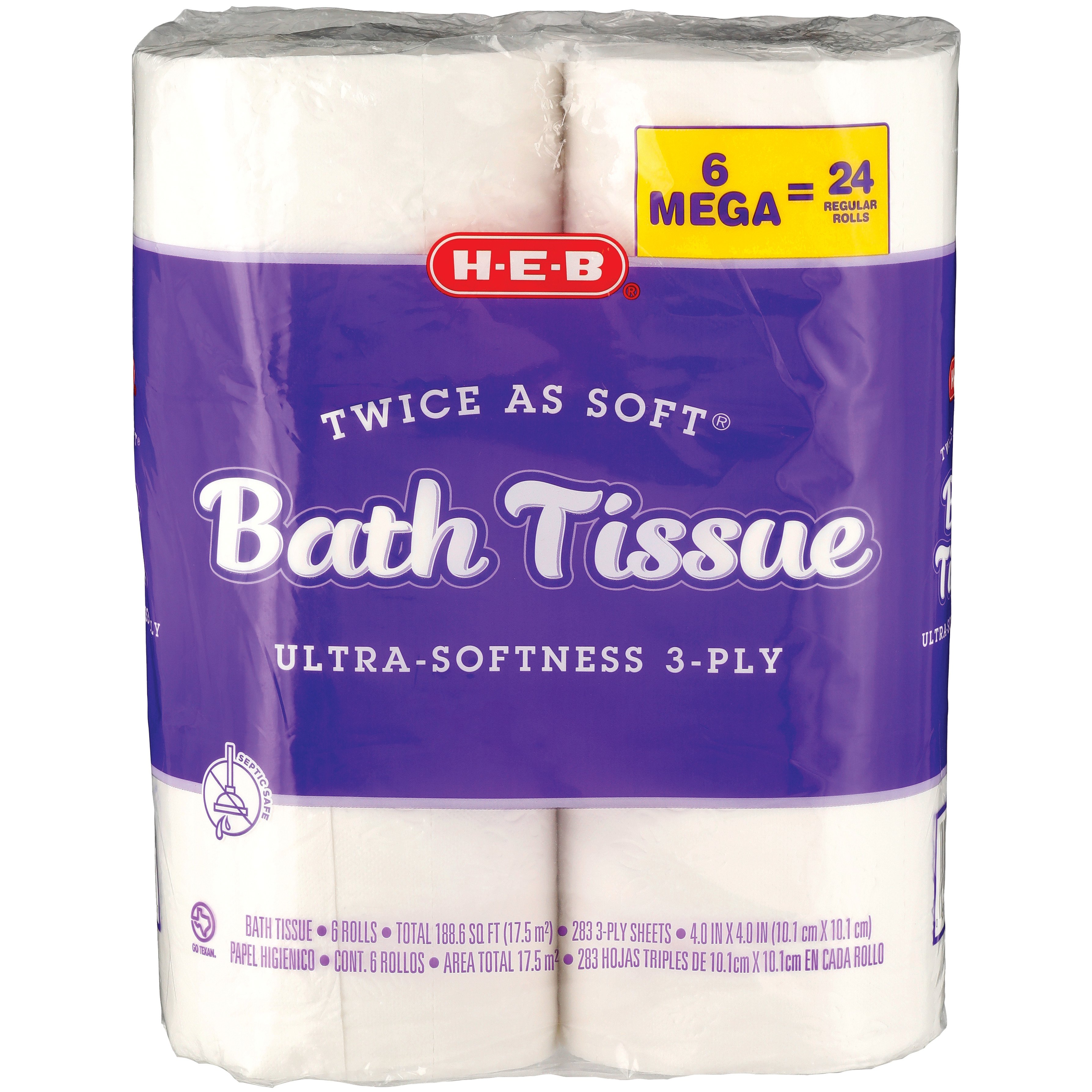 H-E-B Twice As Soft Toilet Paper 3 Ply, 6 Mega Rolls | Low Prices