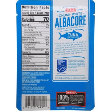 H-E-B Wild Caught Chunk White Albacore Tuna in Spring Water Pouch, 2.5 oz