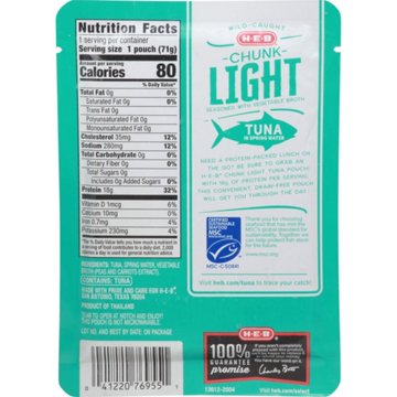 H-E-B Wild Caught Chunk Light Tuna in Spring Water Pouch, 2.5 oz