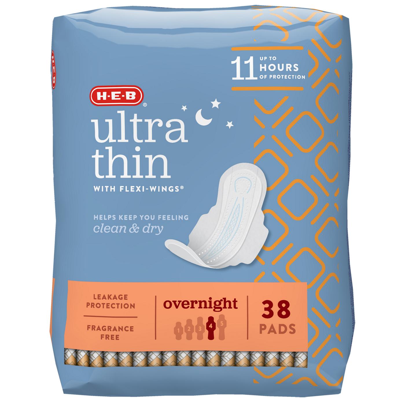 H-E-B Ultra Thin with Flexi-Wings Overnight Pads; image 1 of 7