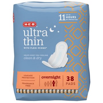 H-E-B Ultra Thin with Flexi-Wings Overnight Pads, 38 ct