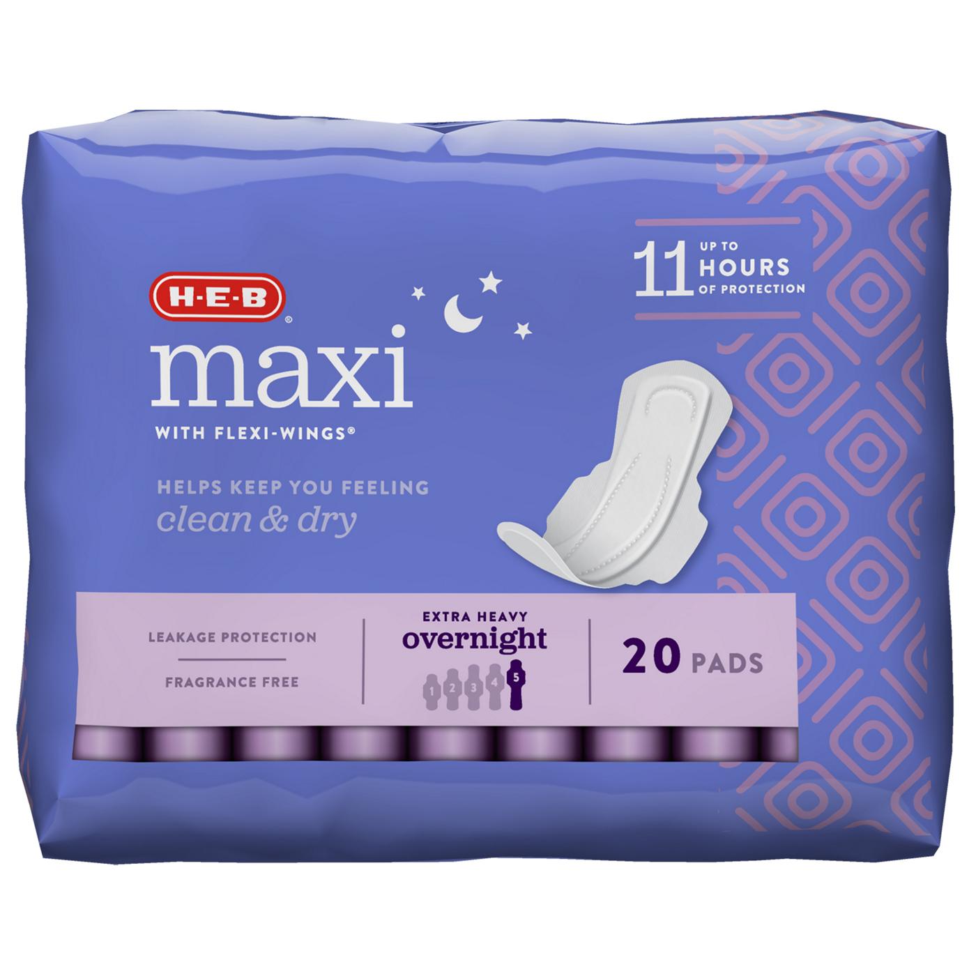 H-E-B Maxi with Flexi-Wings Overnight Pads - Extra Heavy; image 1 of 6
