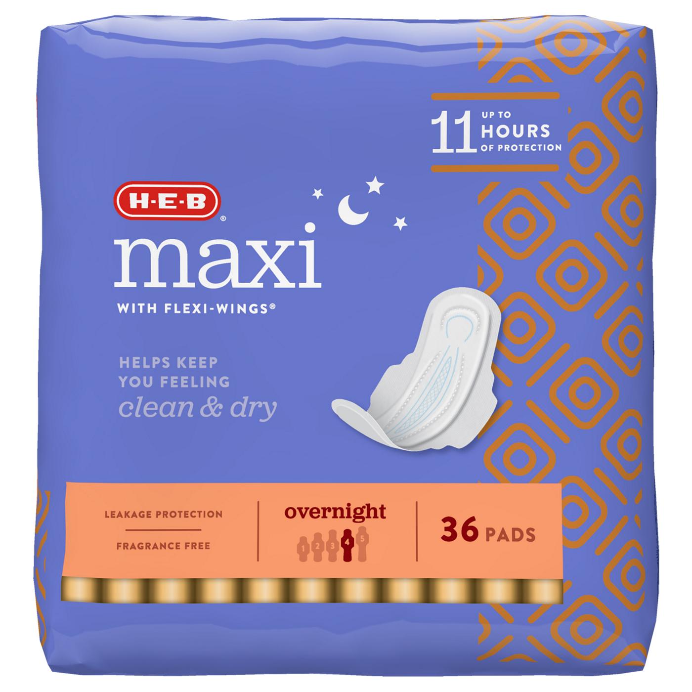 H-E-B Maxi with Flexi-Wings Overnight Pads; image 1 of 7