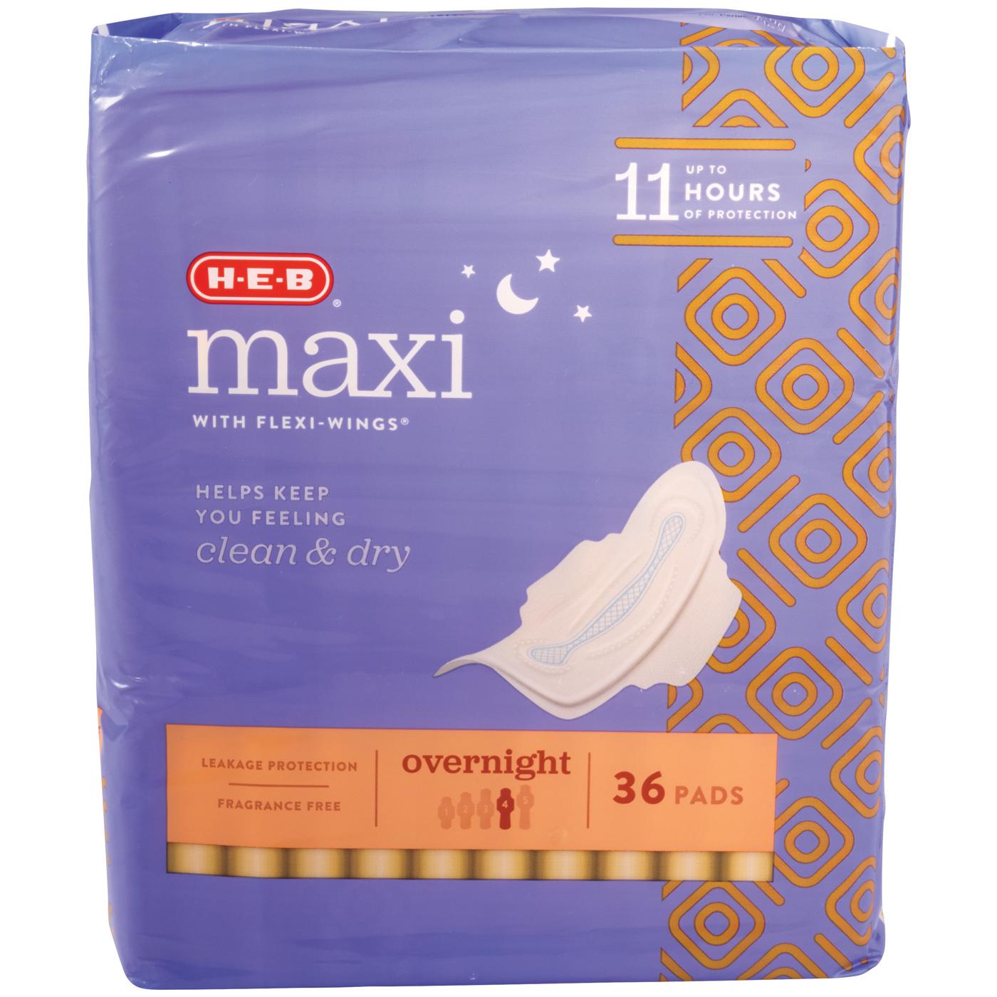H-E-B Maxi with Flexi-Wings Overnight Pads; image 1 of 6