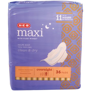 H-E-B Maxi with Flexi-Wings Overnight Pads, 36 ct