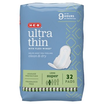 H-E-B Ultra Thin with Flexi-Wings Long Pads - Super, 32 ct
