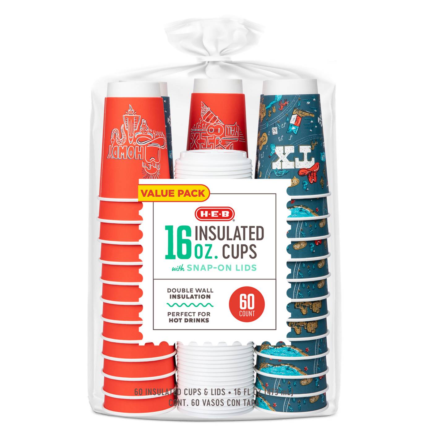 HEB Insulated 16 oz Disposable Coffee Cups with SnapOn Lids Value