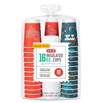 H-E-B Insulated 16 oz Disposable Coffee Cups with Snap-On Lids - Value Pack, 60 ct