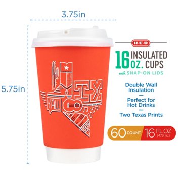 H-E-B Insulated 16 oz Disposable Coffee Cups with Snap-On Lids - Value Pack, 60 ct