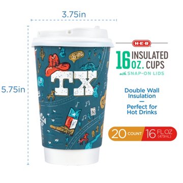 H-E-B 16 oz Insulated Coffee Cups with Snap-On Lids, 20 ct
