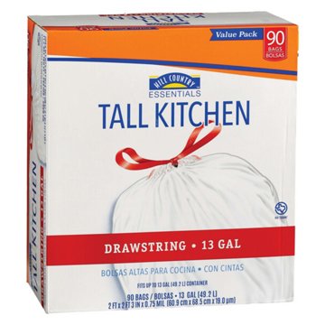 Hill Country Essentials Tall Kitchen Drawstring Trash Bags, 13 Gallon, 90ct