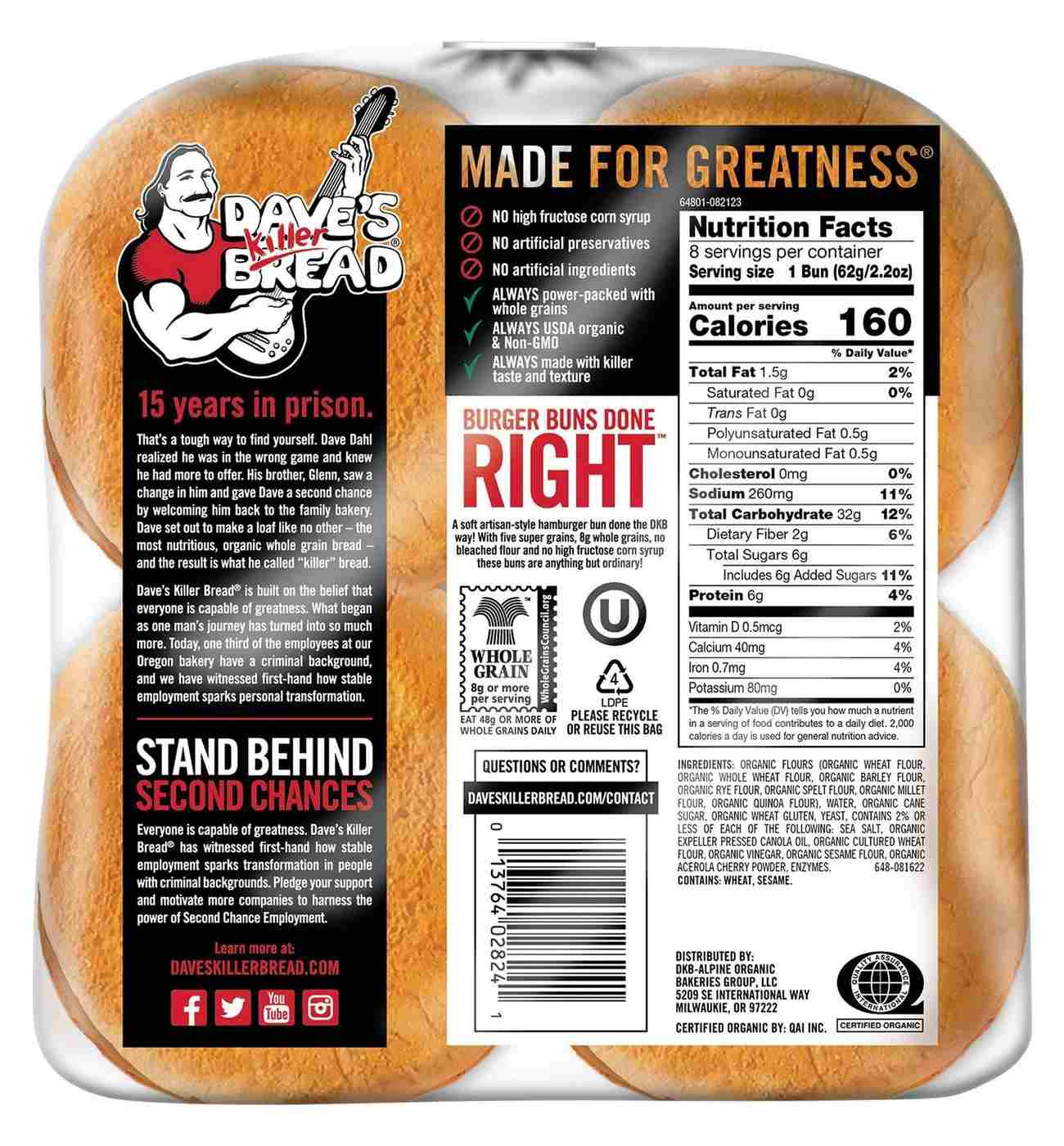 Dave's Killer Bread Burger Buns Done Right Organic Hamburger Buns; image 4 of 5