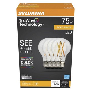 Sylvania TruWave A19 75-Watt Clear LED Light Bulbs - Soft White, 4 pk
