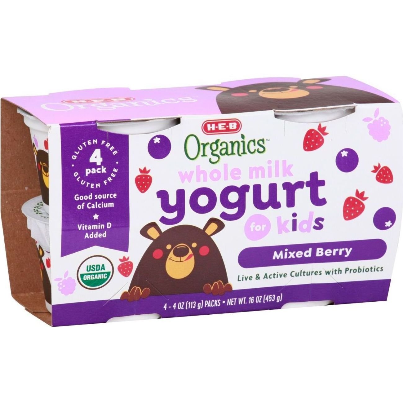 H-E-B Organics Kids' Whole Milk Yogurt - Mixed Berry, 4 ct