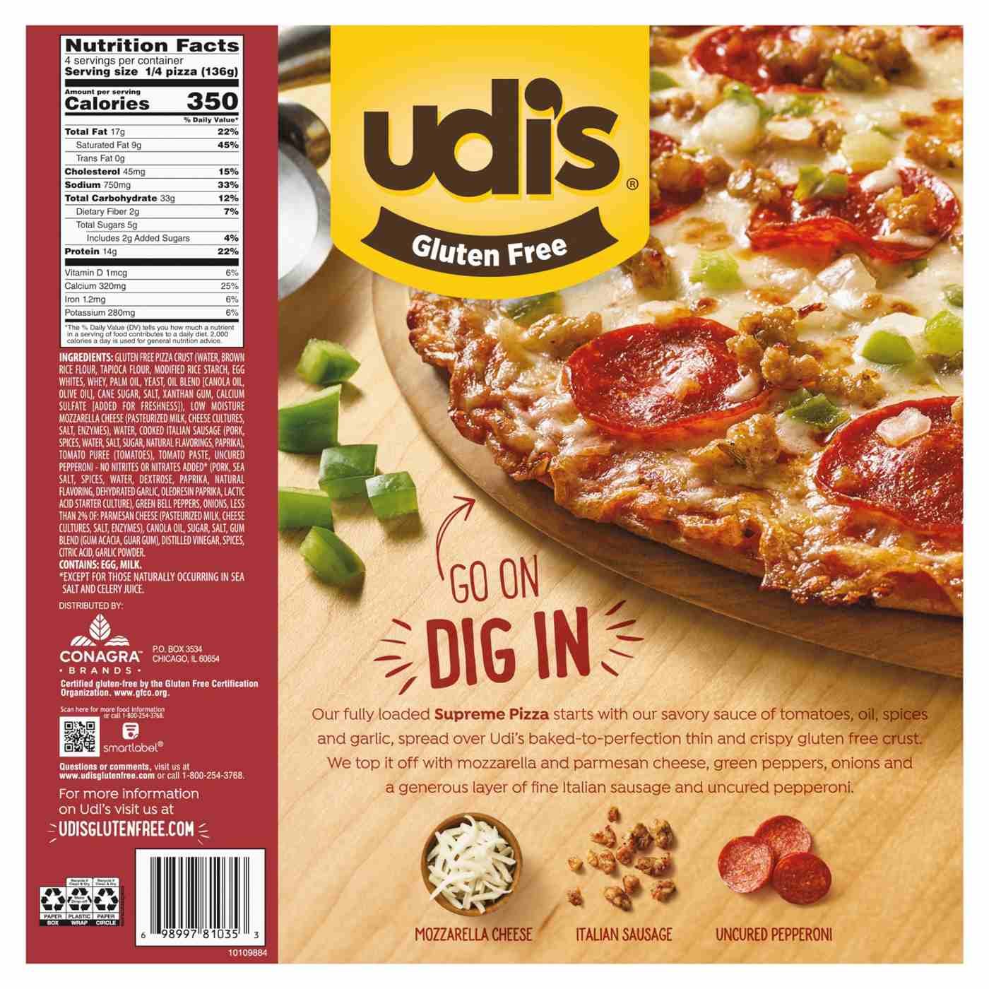Udi's Gluten-Free Crispy Thin Crust Frozen Pizza - Supreme; image 3 of 7