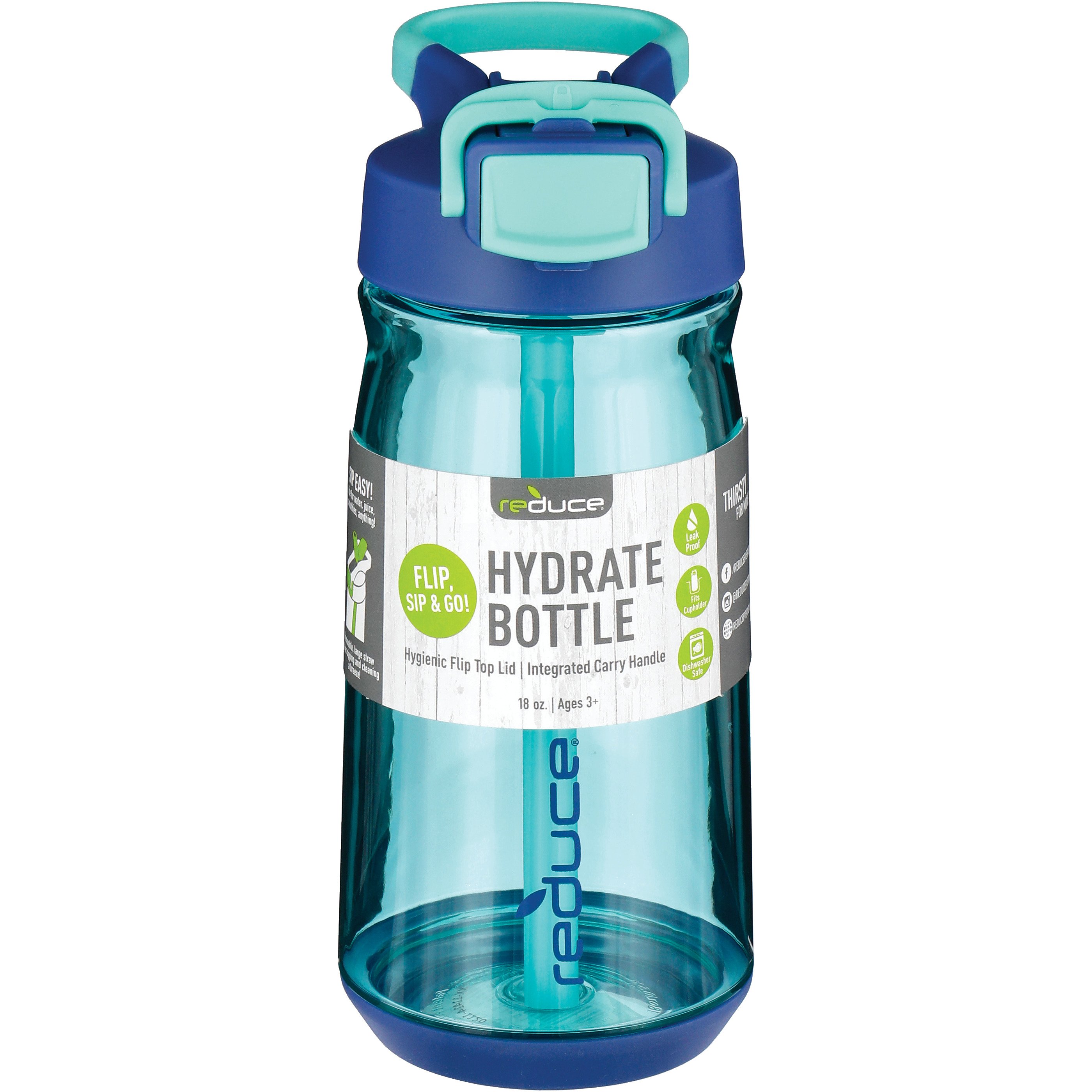 Reduce Water Bottle Sip and Go Hydrate Bottle For Kids Tritan Plastic With Hygienic Flip Top Lid and Carry Handle Leak Proof Flip 18 oz Morning Rays Cupholder Friendly