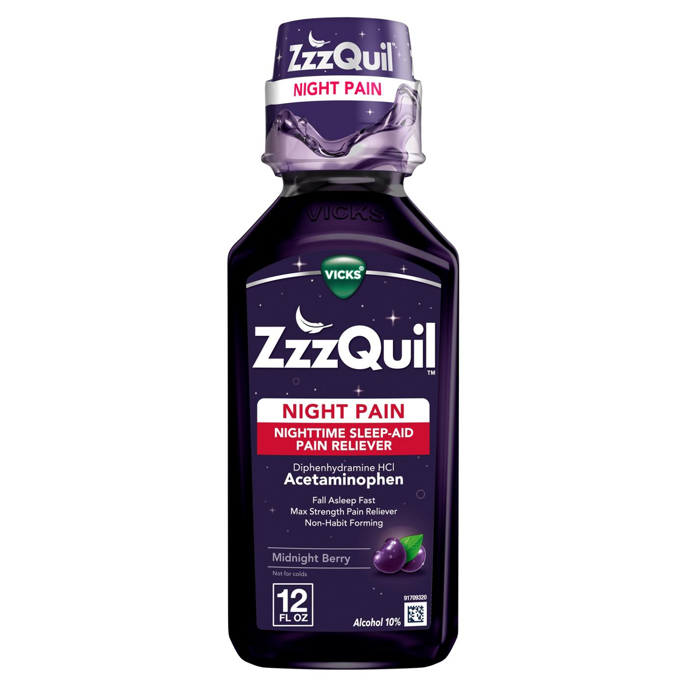 Vicks ZzzQuil Liquid Max Strength Pain Reliever, Nighttime Sleep Aid, Midnight Berry Flavor; image 1 of 5