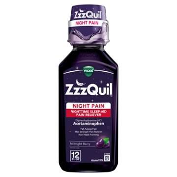 Vicks ZzzQuil Liquid Max Strength Pain Reliever, Nighttime Sleep Aid, Midnight Berry Flavor, 12 oz