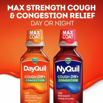 Vicks NyQuil Cough DM + Congestion Relief Liquid Medicine, Maximum Strength Multi-Symptom Nighttime Relief, Cherry Flavor, 12 oz