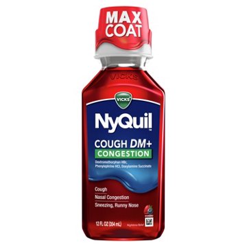Vicks NyQuil Cough DM + Congestion Relief Liquid Medicine, Maximum Strength Multi-Symptom Nighttime Relief, Cherry Flavor, 12 oz
