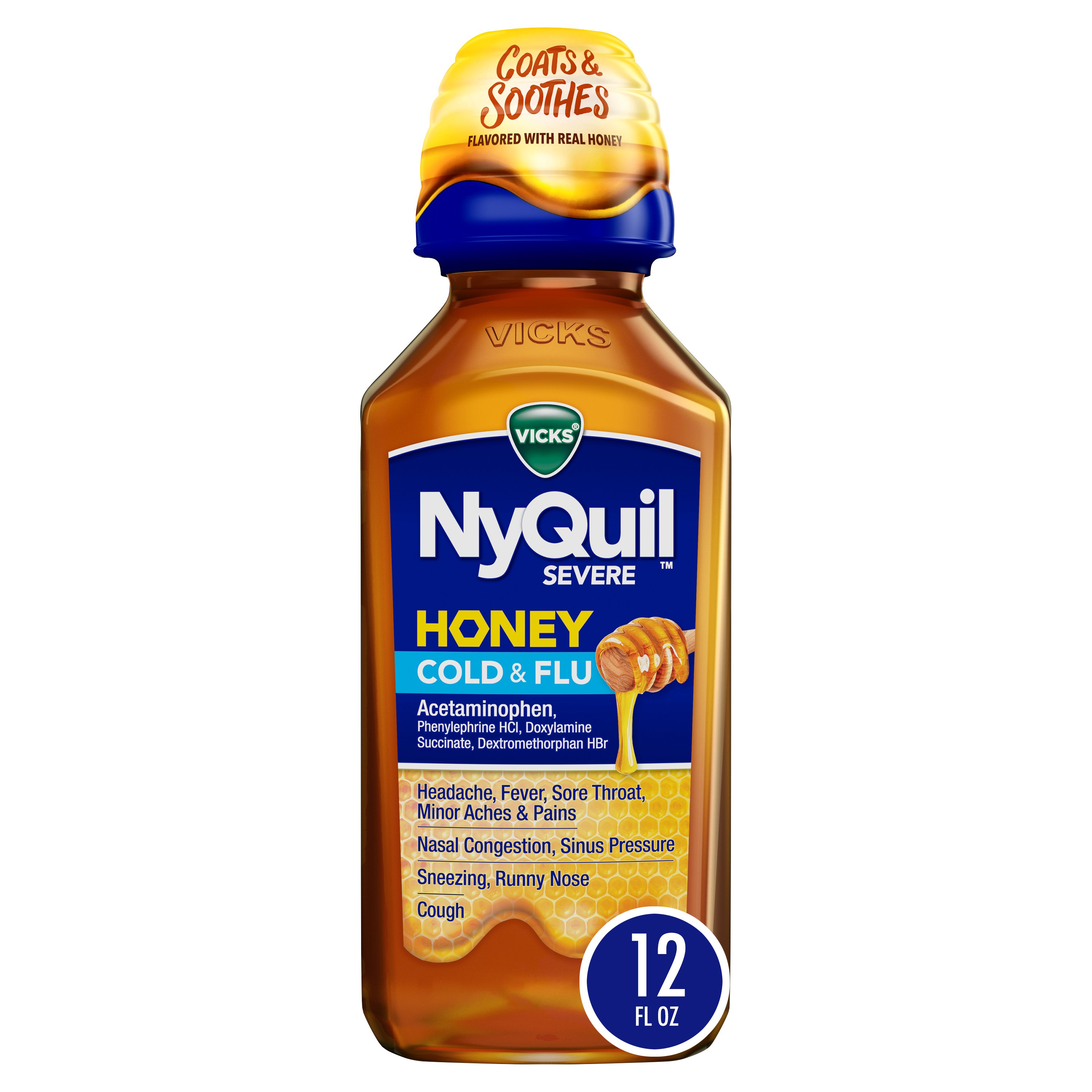 Vicks NyQuil SEVERE Cold & Flu Liquid Over-the-Counter Medicine, Powerful Nighttime Relief, Honey Flavor, 12 oz