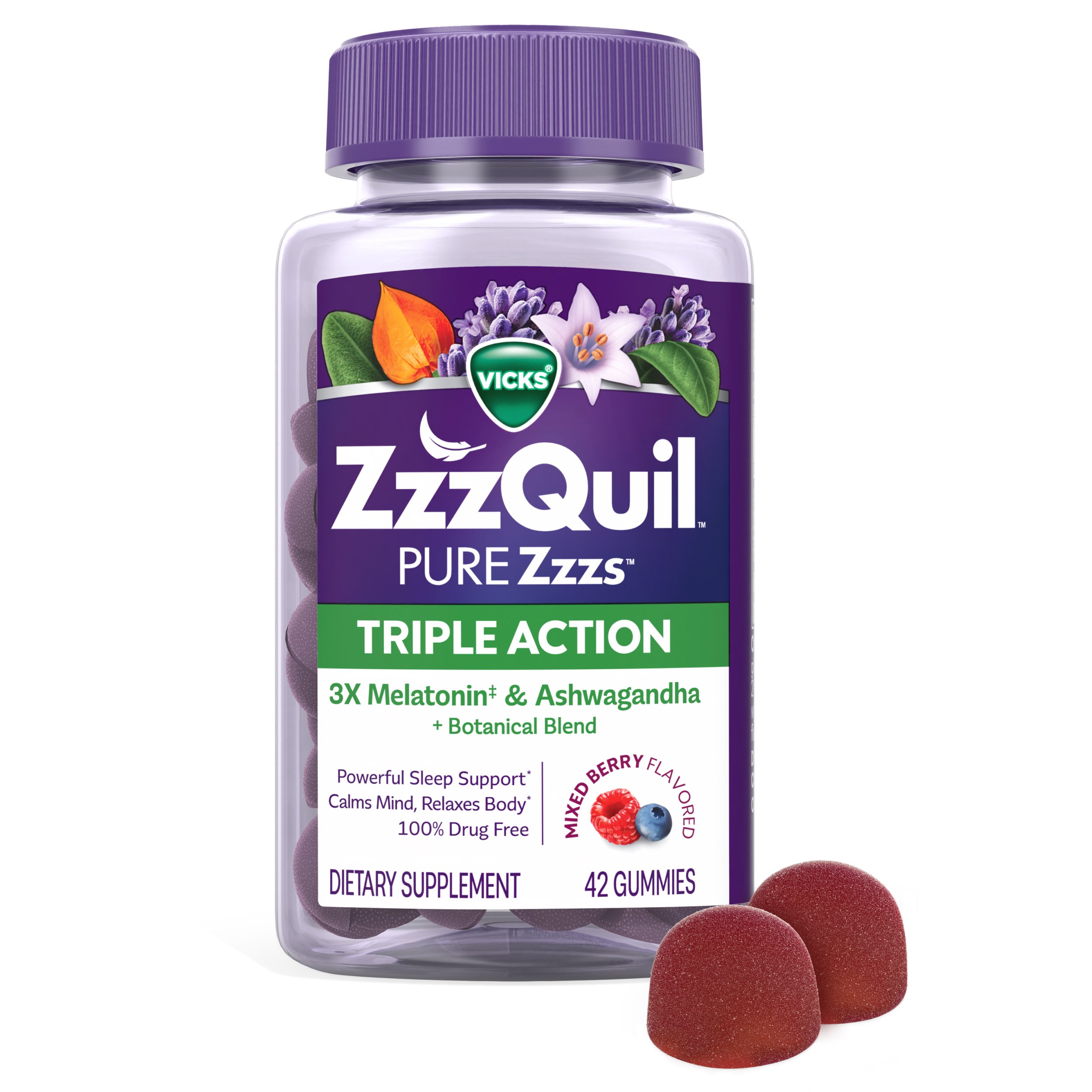 Vicks ZzzQuil PURE Zzzs Triple Action Melatonin Gummies, Sleep Aid