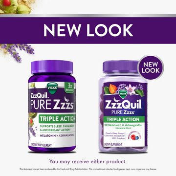Vicks ZzzQuil PURE Zzzs Triple Action Melatonin Gummies, Sleep Aid with Ashwagandha