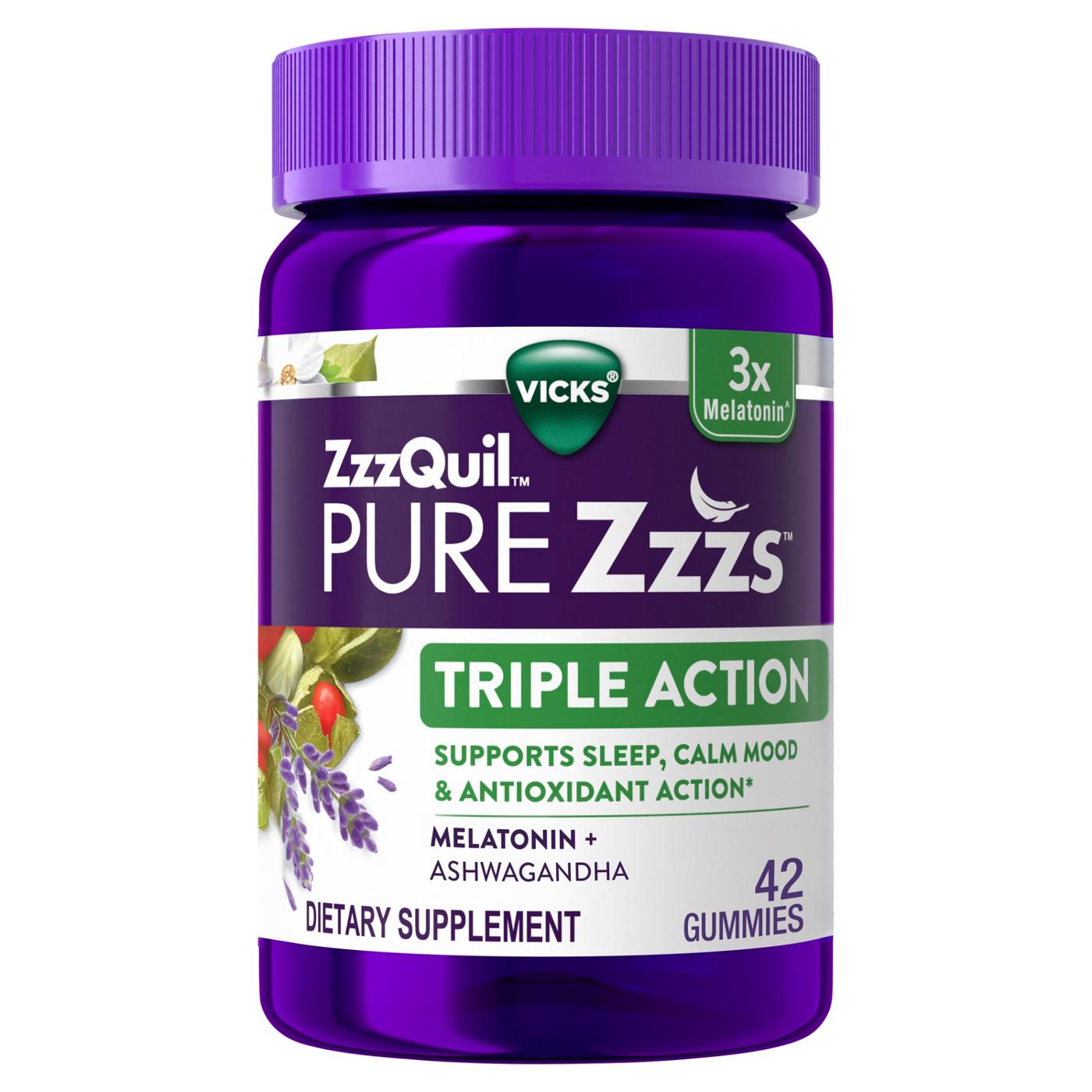 Vicks ZzzQuil PURE Zzzs Triple Action Melatonin Gummies, Sleep Aid with Ashwagandha; image 1 of 7