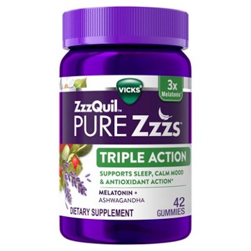 Vicks ZzzQuil PURE Zzzs Triple Action Melatonin Gummies, Sleep Aid with Ashwagandha, 42 ct