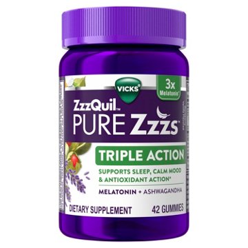Vicks ZzzQuil PURE Zzzs Triple Action Melatonin Gummies, Sleep Aid with Ashwagandha, 42 ct