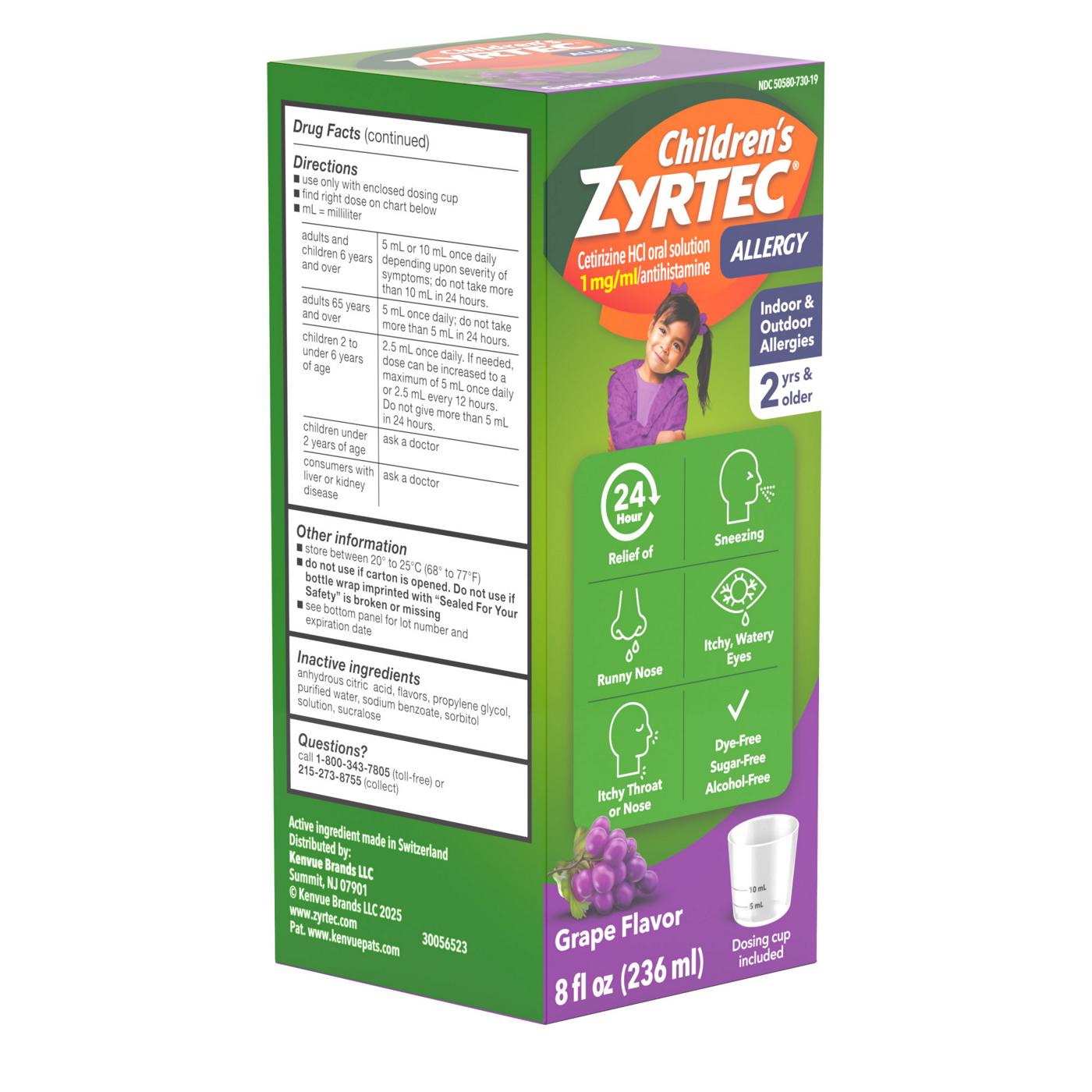 Children's Zyrtec 24 Hour Allergy Relief Syrup, Grape; image 6 of 8