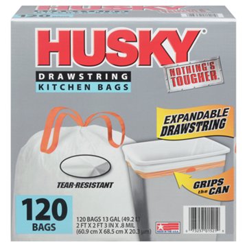 Husky Tall Kitchen Drawstring Trash Bags, 13 Gallon, 120 ct