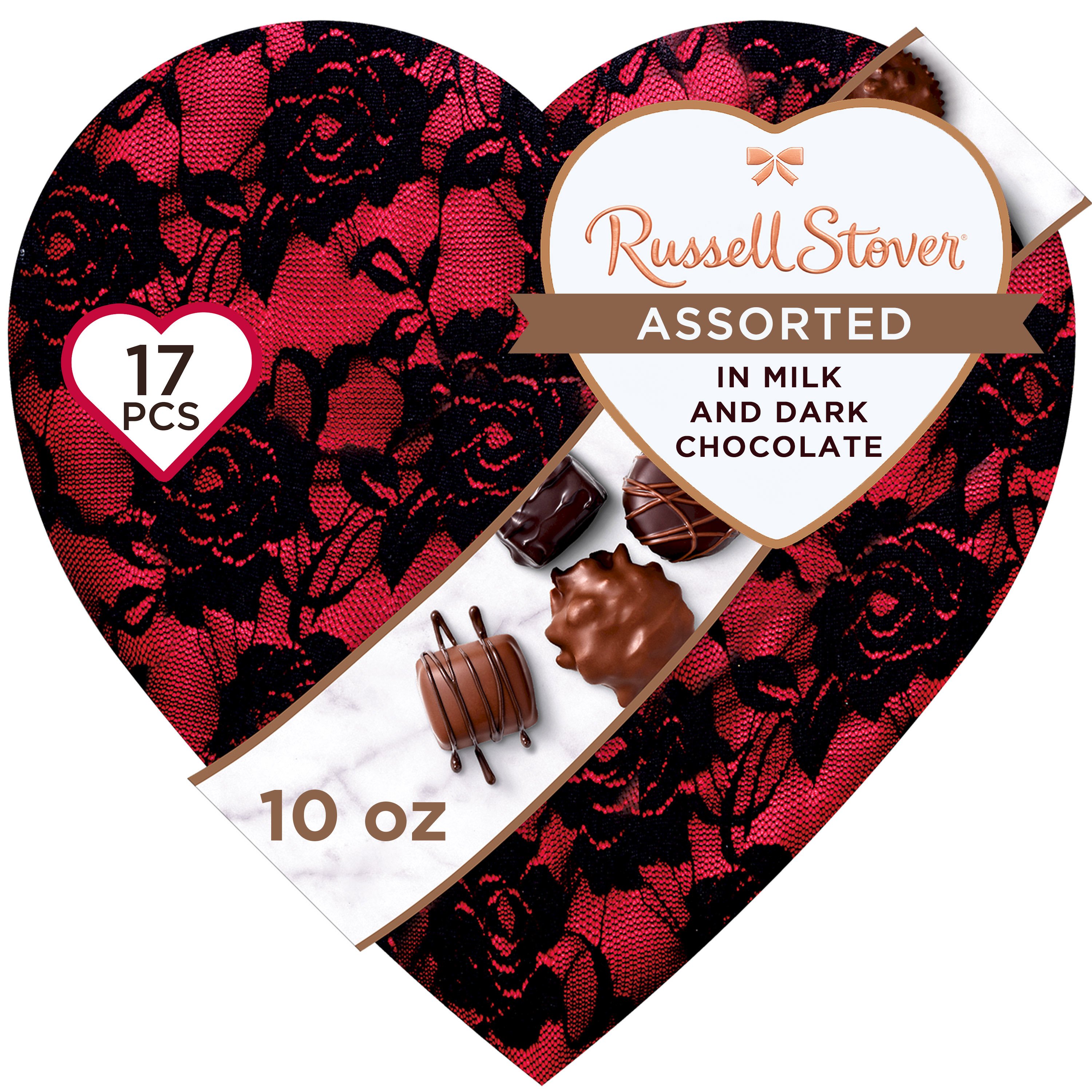 Russell Stover Assorted Milk And Dark Chocolates Valentines Lace Heart T Box 17 Pc Shop 4537