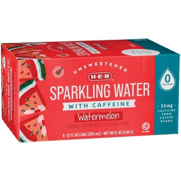 H-E-B Unsweetened Caffeinated Sparkling Water 8 pk Cans - Watermelon, 12 oz
