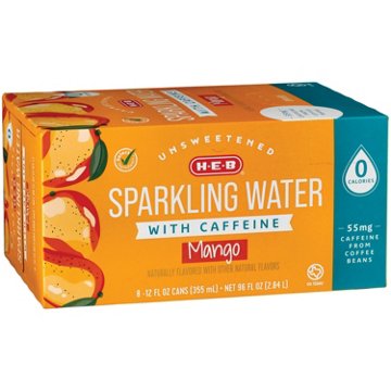 H-E-B Unsweetened Caffeinated Sparkling Water 8 pk Cans - Mango, 12 oz
