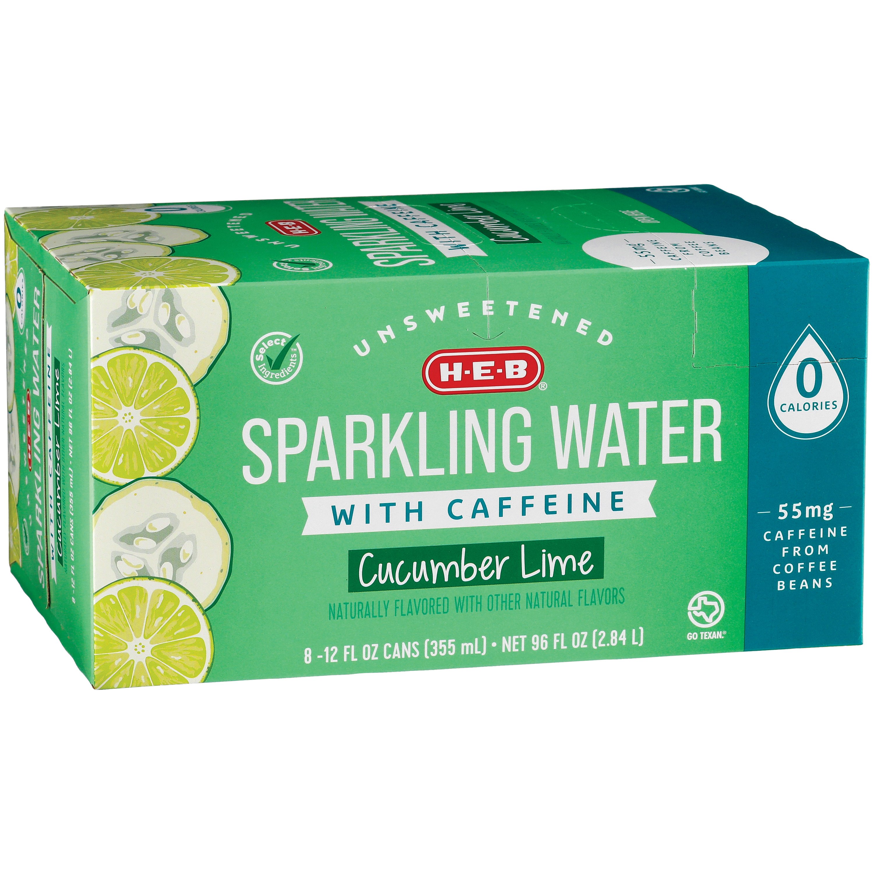 H-E-B Unsweetened Caffeinated Sparkling Water 8 pk Cans - Cucumber Lime, 12 oz