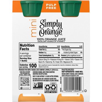 Simply Orange Pulp Free 100% Pure Squeezed Orange Juice, 8 oz