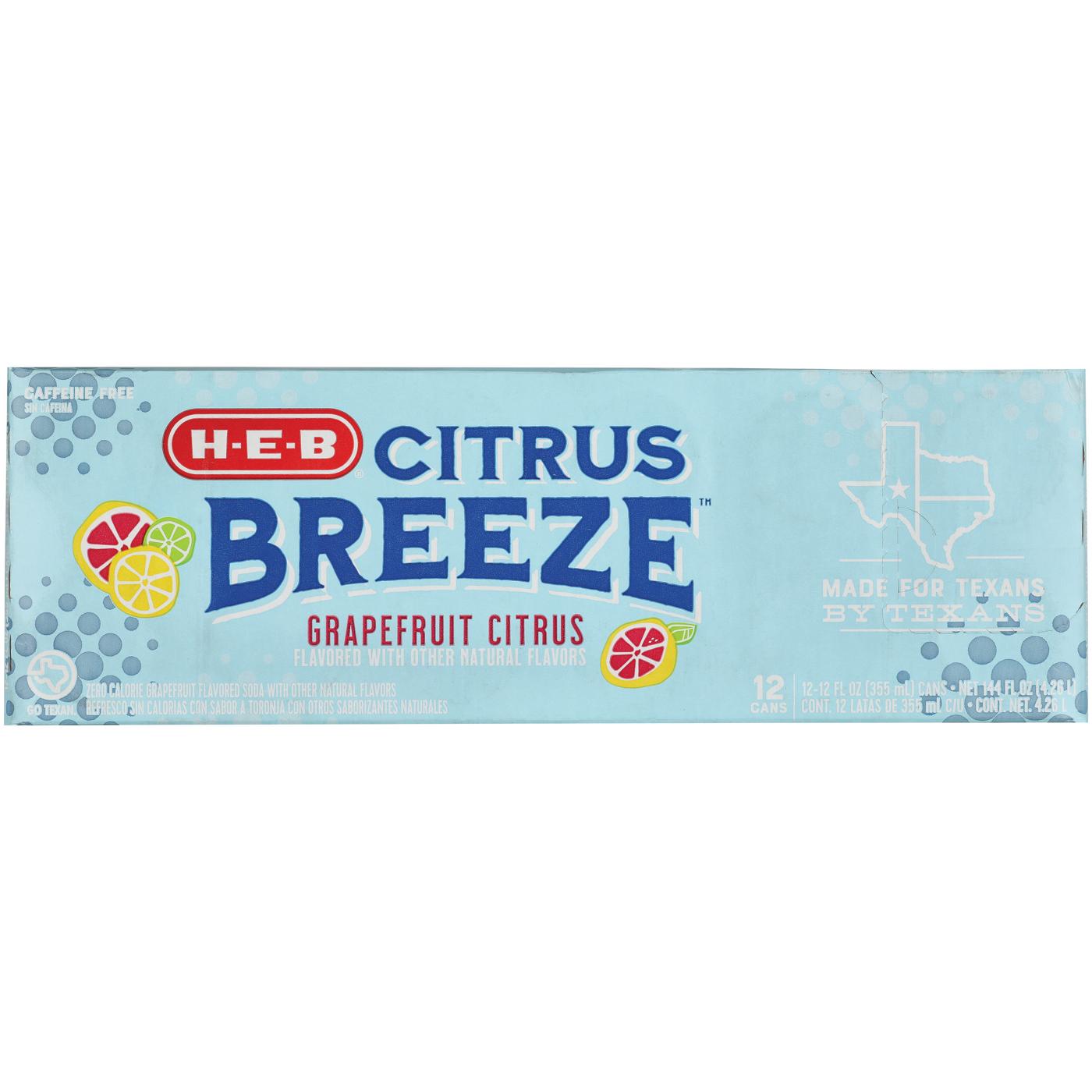 H-E-B Citrus Breeze Zero Calorie Grapefruit Soda 12 pk Cans; image 1 of 2