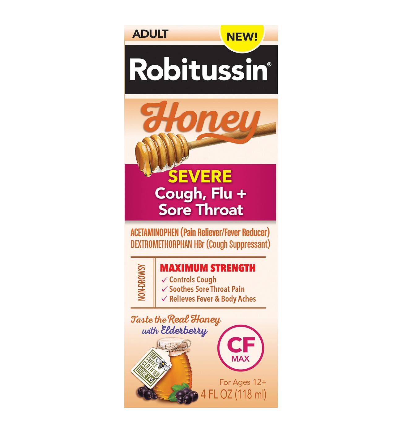 Robitussin Honey Maximum Strength Severe Cough, Flu + Sore Throat; image 1 of 7