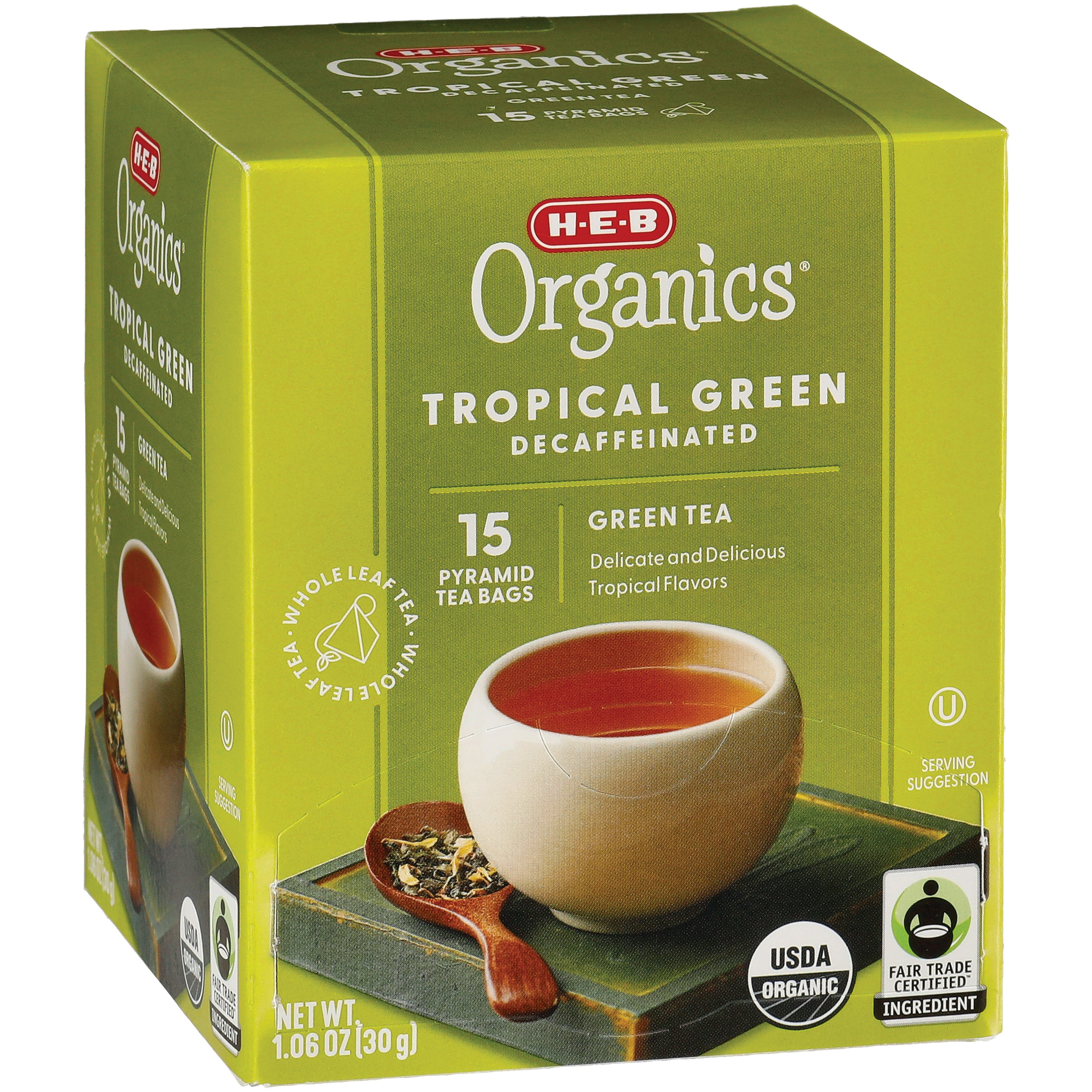 H-E-B Organics Tropical Green Decaf Pyramid Tea Bags, 15 ct