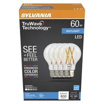 Sylvania TruWave A19 60-Watt Clear LED Light Bulbs - Daylight, 4 pk