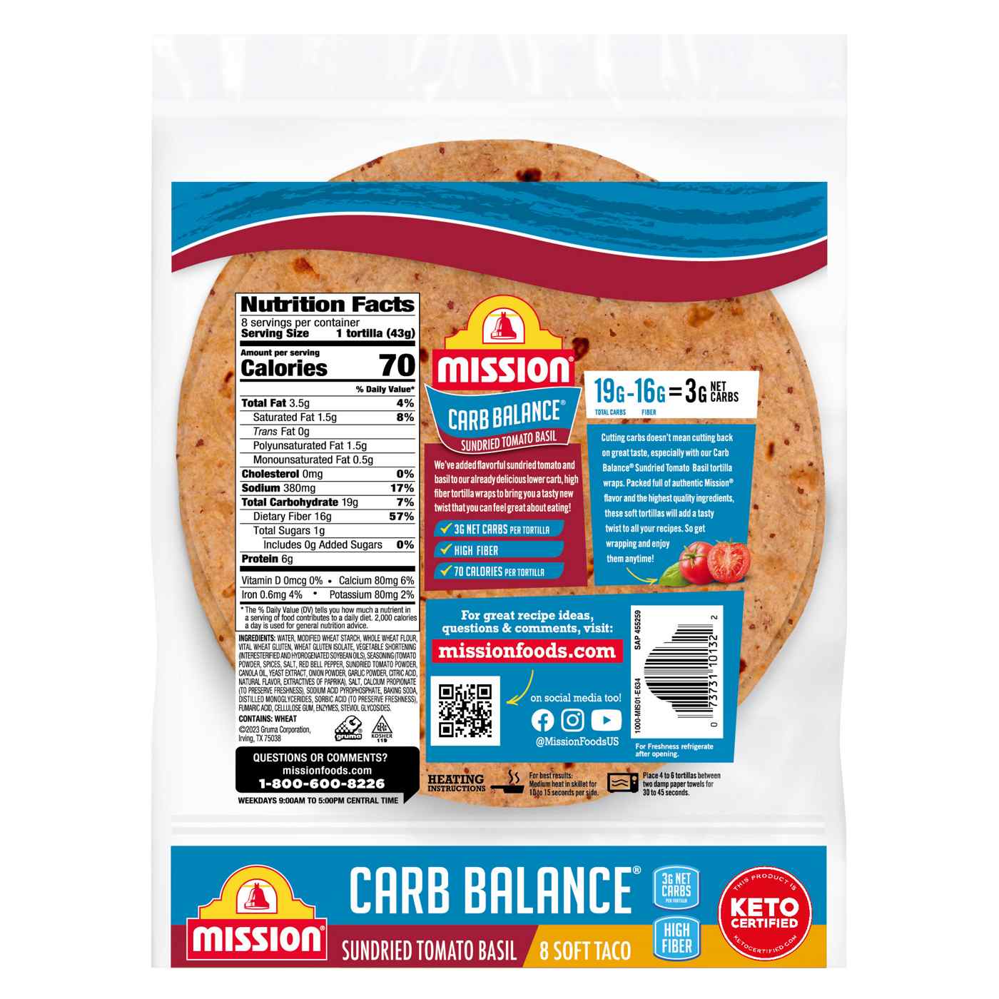 Mission Super Soft Carb Balance Sundried Tomato Basil Tortilla Wraps 8 Count; image 2 of 8