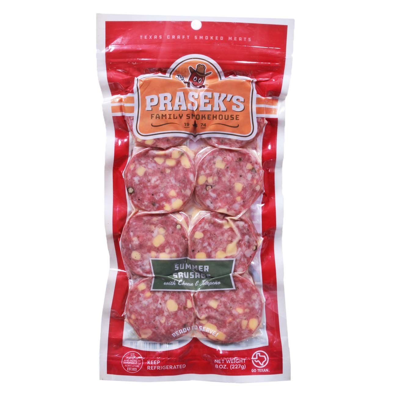 Prasek's Pork and Beef Summer Sausage with Jalapeno & Cheese, Sliced, 8 oz